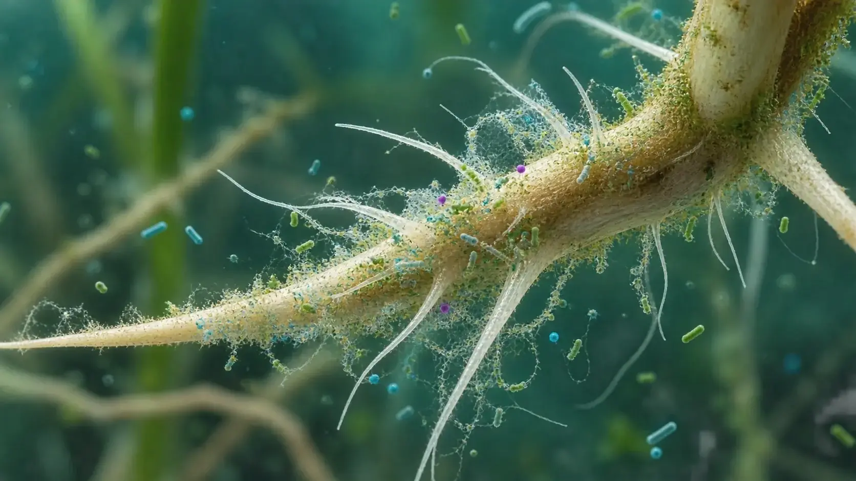 a plant root with microbial and nanoscale signals in the rhizosphere