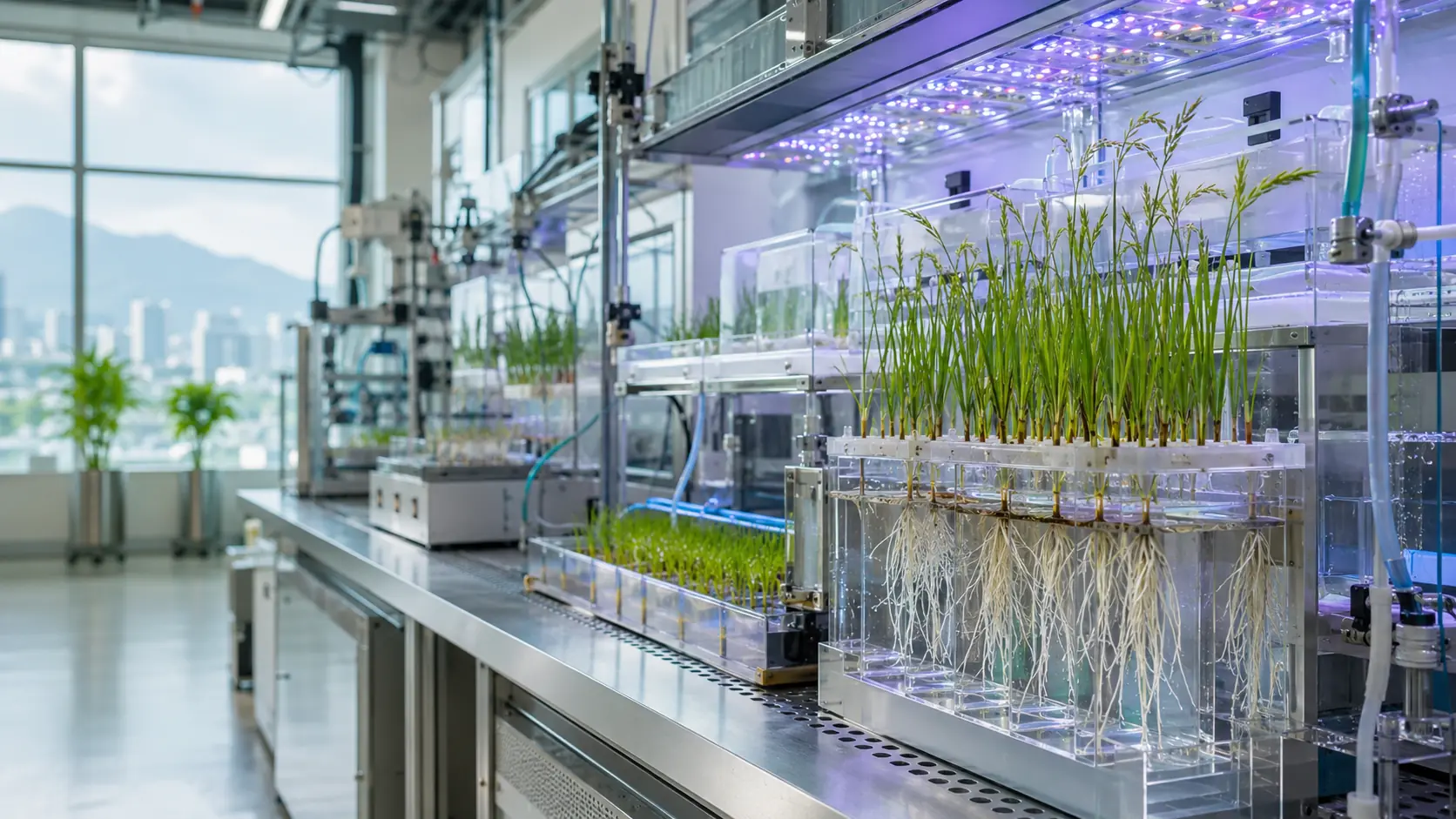 rice seedlings in a controlled research platform with visible roots and programmable lighting